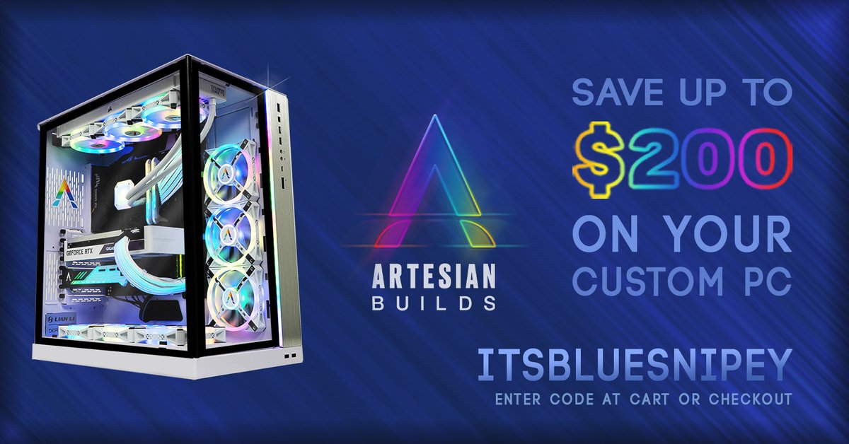 Ready to join the PC gang or upgrade your own??? Build with Artesian and use code ITSBLUESNIPEY as your discount code at checkout 😎😌 <a href="/ArtesianBuilds/">Artesian Builds</a>