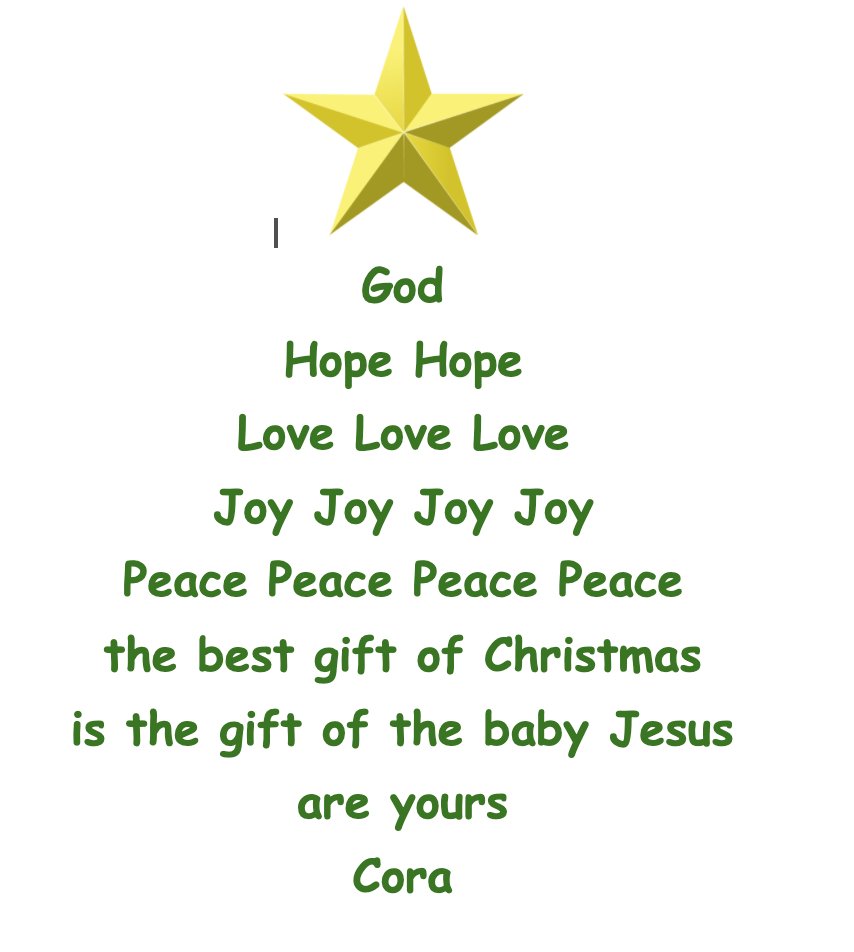 kmb211's tweet photo. 1st graders used Google Docs set font color, size, style, aligned left, typed prayer, clicked edit, select all, aligned center to form tree, went to insert, image, search the web, selected a star, and resized image to fit over tree.@aoptech @AOPS_Schools @AaronHeintz https://t.co/w5tZXH9CKw