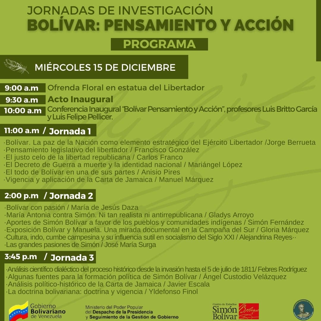 Centro_SBolivar's tweet photo. #Atención 👉🏼⏩ Conoce la Programación de la Jornada de Investigación "BOLÍVAR: PENSAMIENTO Y ACCIÓN" actividad que se realizará en modalidad virtual y presencial; desde los espacios de la @unibolivariana #UBV Caracas, los días 15, 16 y 17 de diciembre.

¡Te esperamos! 📝 https://t.co/VBaax9tgqZ