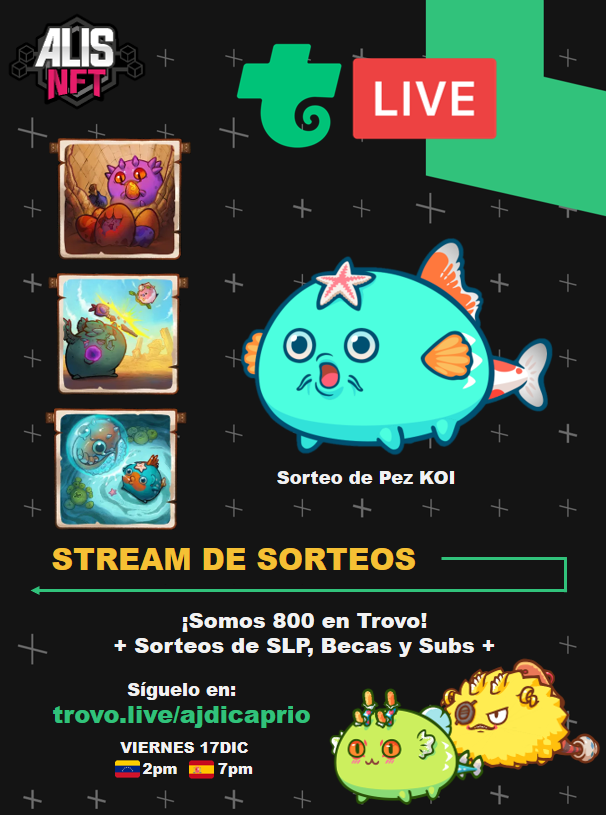 ajdicaprio's tweet photo. ¿Que no llegabamos a 800 en Trovo? Pues se viene el sorteo del Pez KOI este Viernes 17
Para participar en los sorteos haz lo siguiente:
- Dale RT
- Sigue a @ChiguiLandNFTs 
- Deja una comentario y menciona a un amigo.
¿Esta facil no? A ver cuantos participan. Nos vemos en stream! https://t.co/HenStVTgVn