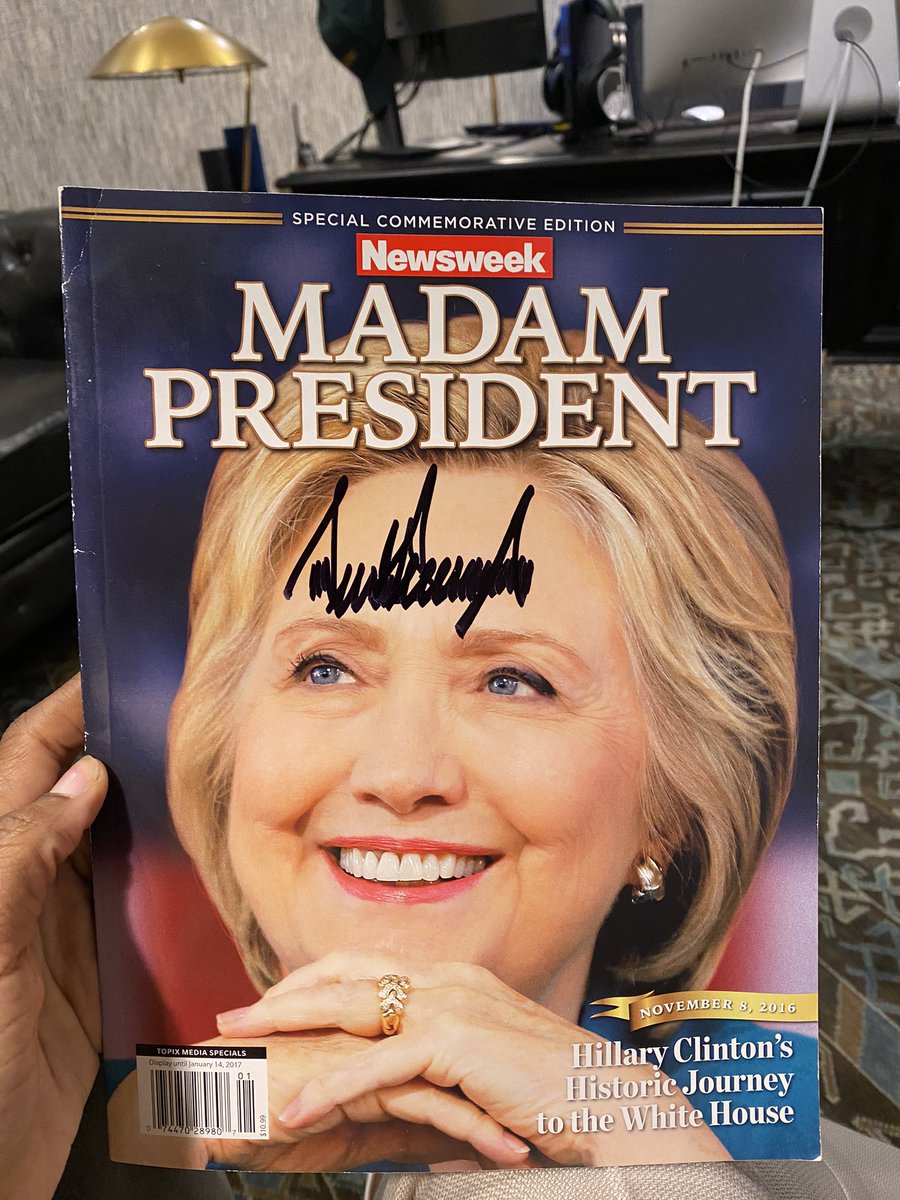 Today, I got President Trump to autograph the infamous, Hillary Clinton Newsweek “Madam President” edition. Officially a Fake News collector’s item. Will someday be in a museum.