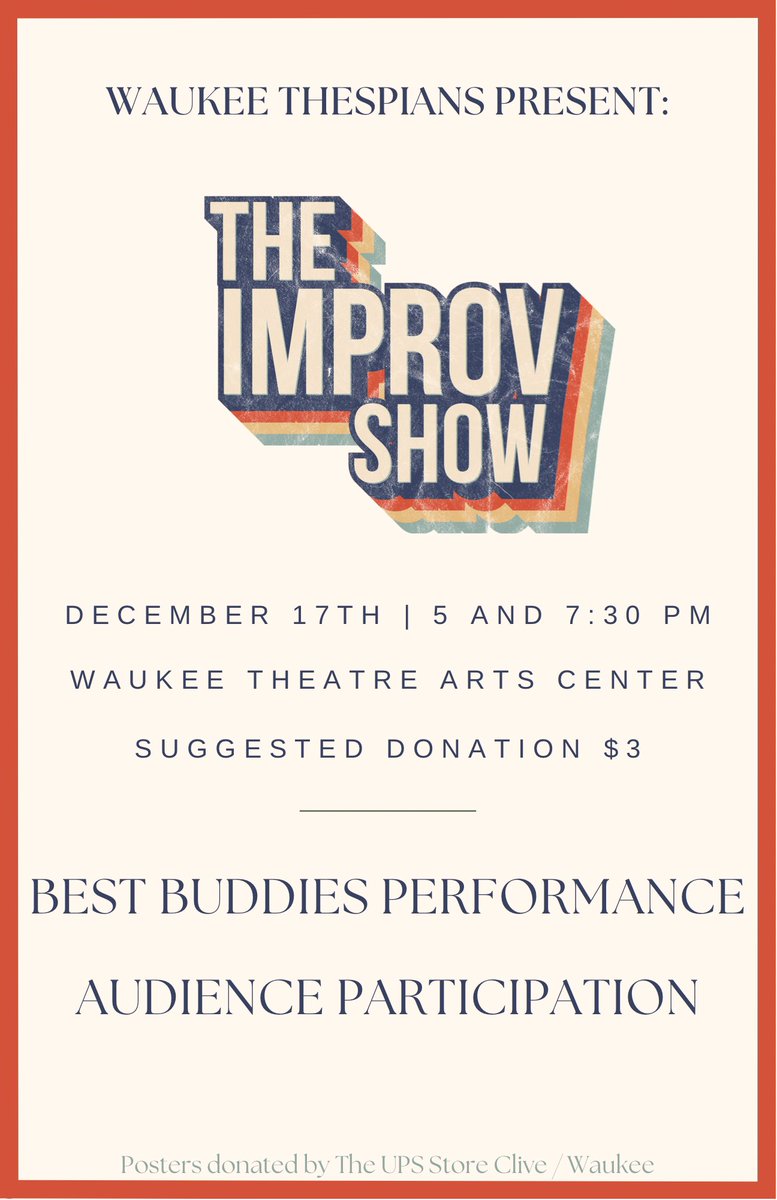 Join us THIS FRIDAY @ 5 &amp; 7:30pm in the Waukee Theatre Arts Center as we present The Improv Show - a student  show made up on the spot! It’s free with a suggested $3 donation. Take a trip to Candyland when you watch the Best Buddies Scene that opens our 5pm show! Don’t miss it!