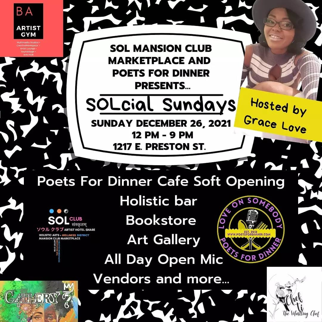 DoubleGGrace's tweet photo. In partnership with Sol Mansion Club Marketplace, I would like to welcome everyone to join us for the soft opening of #PoetsForDinnerCafe bringing you #SolCialSundays and divine cuisine from our new Executive Chef @chefltp
every Sunday starting December 26th!!!!!!!! https://t.co/t6dIaMmiKU
