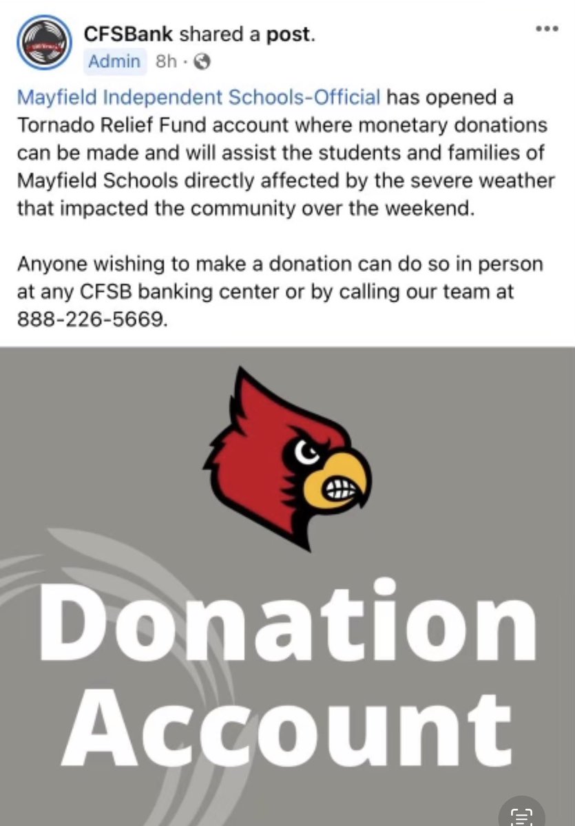 Coaches and school admins: The love you have shown our city of Mayfield is unbelievable. Many of you have ask how you can 100% donate financially and help our students, and their families. Below is the the link for that. God bless each of you for reaching out! #MayfieldSTRONG