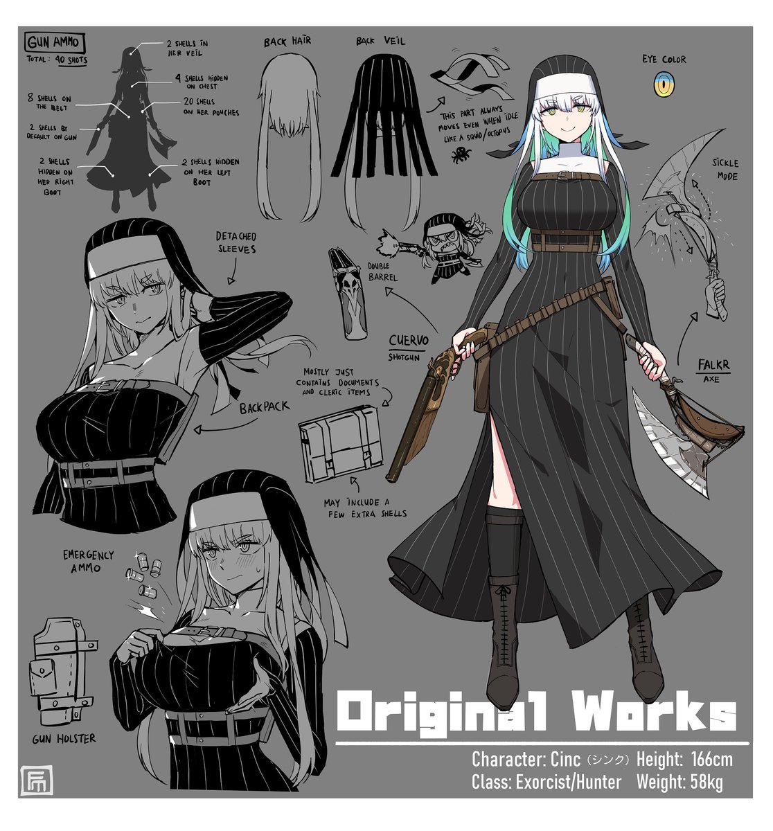 New character sheet for Cinc. Since I haven't drawn my OCs for a long while. 🪓👻🙏 