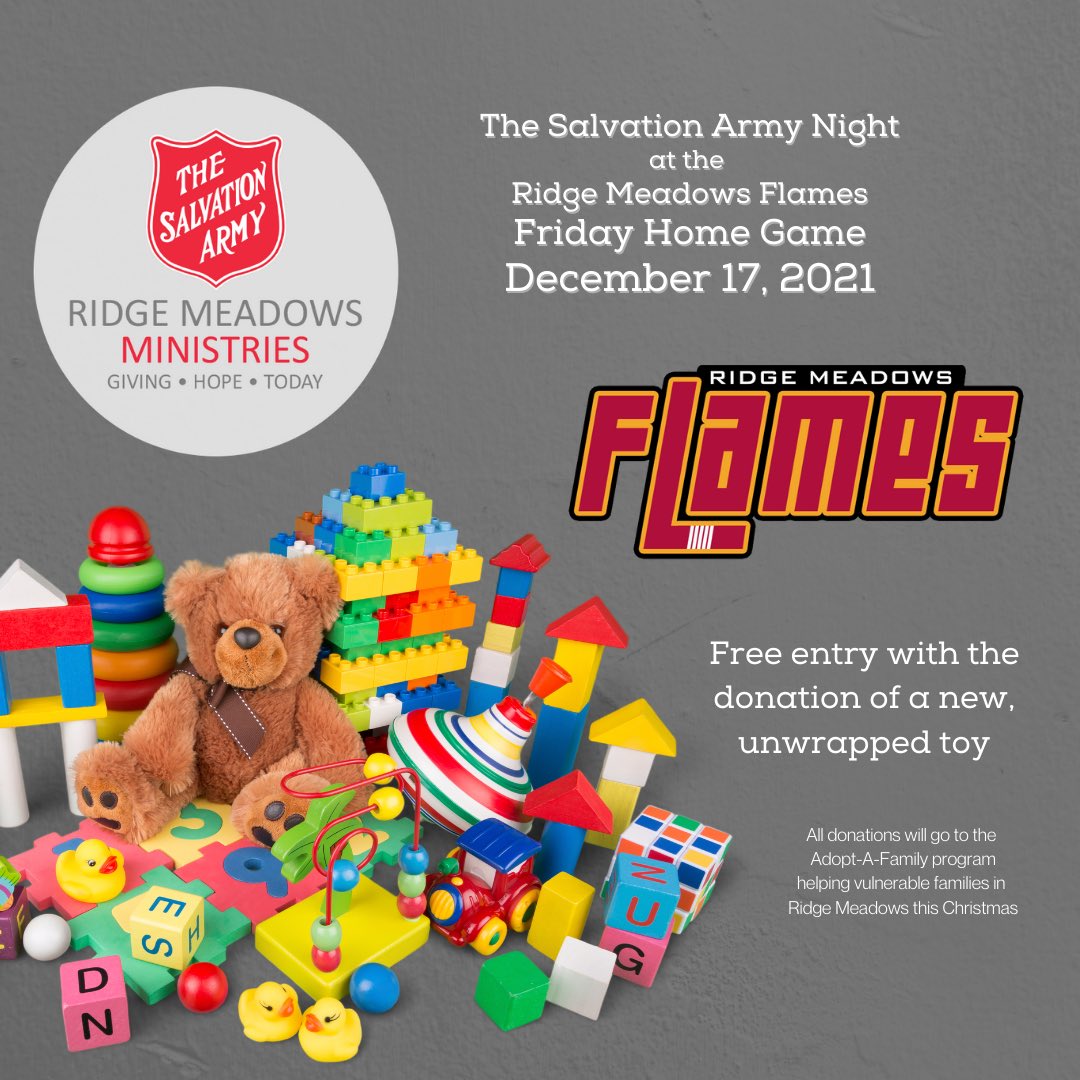 We are excited for this coming Friday, December 17th, as we host the <a href="/TSARidgeMeadows/">TSA Ridge Meadows</a> for a Christmas toy drive!  

Free entry with the donation of a new, unwrapped toy!  All donations will go to our Adopt-A-Family program.
Puck drops at 7:30pm!
#Community 
🔥🎄🎁🔥🎄🎁🔥🎄🎁