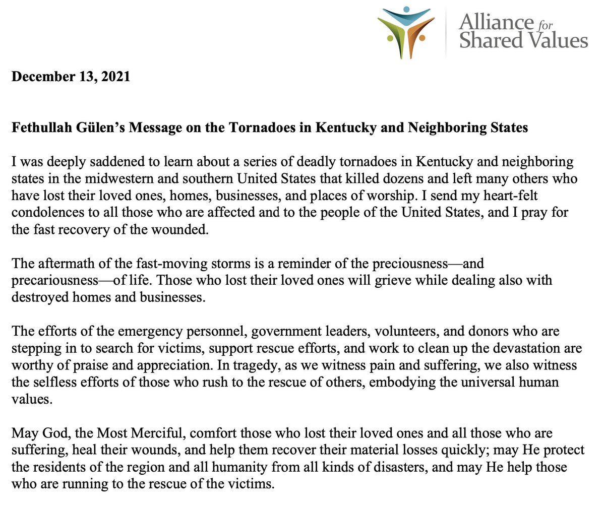 Fethullah Gülen’s Message on the Tornadoes in Kentucky and Neighboring States: afsv.org/fethullah-gule…