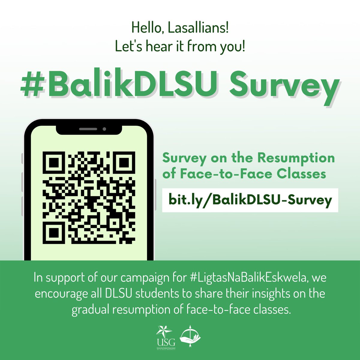 usg_dlsu's tweet photo. [STUDENT SECTOR AGENDA-#BALIKDLSU]

In line with the Student Sector Agenda, we present to you our first pillar: #BalikDLSU.

We encourage all DLSU students to share their insights regarding the gradual resumption of face-to-face classes through our Survey: https://t.co/ohqhnIpAwb https://t.co/xpk5BqEWrl