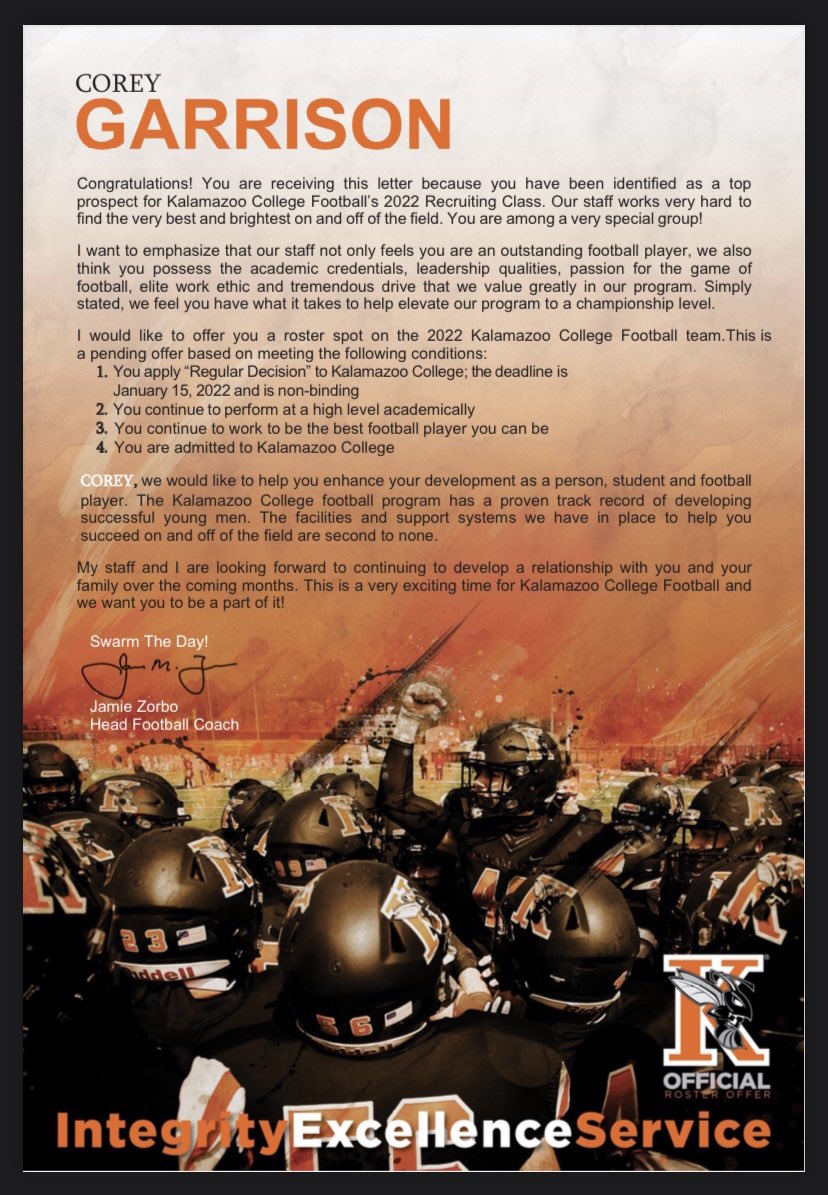 Corey Garrison II (@coreygarrisonii) on Twitter photo After a great conversation with <a href="/CoachZorboKZOO/">Coach Zorbo</a> I’m blessed to receive an offer from Kalamazoo College🟠⚫️ #AGTG After a great conversation with <a href="/CoachZorboKZOO/">Coach Zorbo</a> I’m blessed to receive an offer from Kalamazoo College🟠⚫️ #AGTG