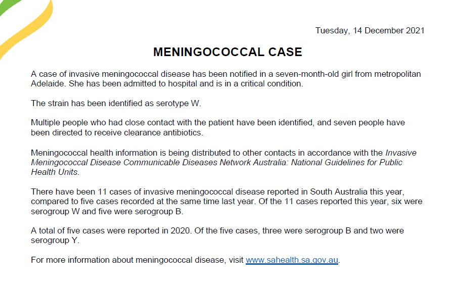 SAHealth's tweet photo. HEALTH ALERT: MENINGOCOCCAL CASE https://t.co/Rvw5S8QtE5