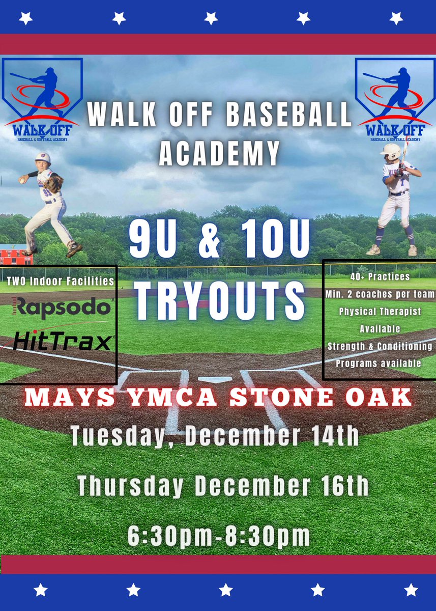 Calling all 9u and 10u baseball players! Come on out to tryouts December 14th or 16th at the Mays YMCA Stone Oak!! Looking for 1-2 more players⚾️