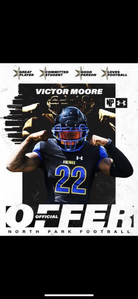 victorrmoore3's tweet photo. After a great conversation with @CoachRook I am excited and beyond blessed to receive an offer from North park university. 💛💙🤍 @CoachBigPete @SinqueTurner @Levi_bradley312 @PrepRedzoneIL @DeepDishFB @MikeFChen @BigLaw67 @CoachEPinedo https://t.co/YA0FuHB97y