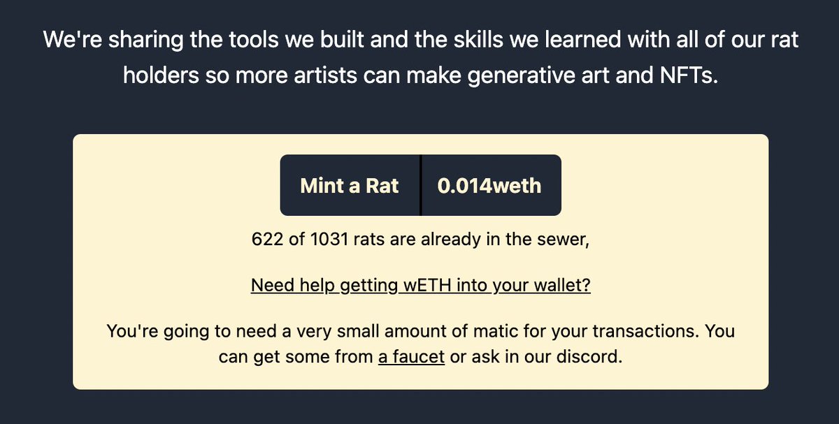 awwratspack's tweet image. 🚨🚨🚨🚨🚨
To celebrate the 12 Days of Ratmas, we're doing a MASSIVE sale, &amp;amp; ramping the price back up slowly throughout the rest of the month.
🚨🚨🚨🚨🚨

So prices will be..

Dec 14: Ξ.014
Dec 15: Ξ.015
etc.
until Dec 25: Ξ.025

awwrats.com
#NFT #PolygonNFT #NFTSale