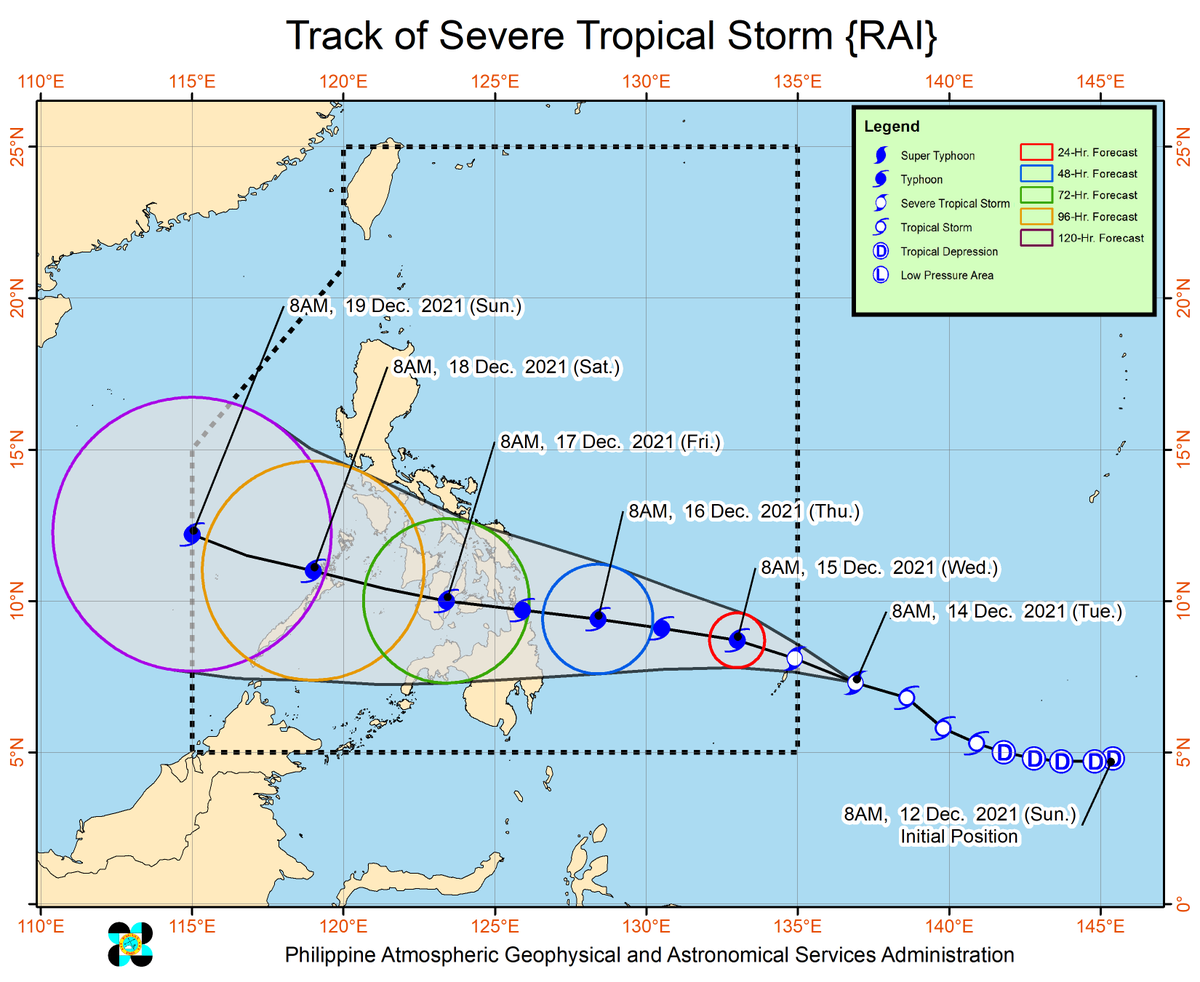 dost_pagasa's tweet photo. TROPICAL CYCLONE ADVISORY NO.6
Severe Tropical Storm "RAI"
Issued at 11:00AM, 14 December 2021
Valid for broadcast until the next advisory at 11:00PM today

“RAI” INTENSIFIES INTO SEVERE TROPICAL STORM WHILE MOVING WEST NORTHWESTWARD TOWARDS PALAU.

Link: https://t.co/llnUSYl1B8 https://t.co/MiiZt2XJnN