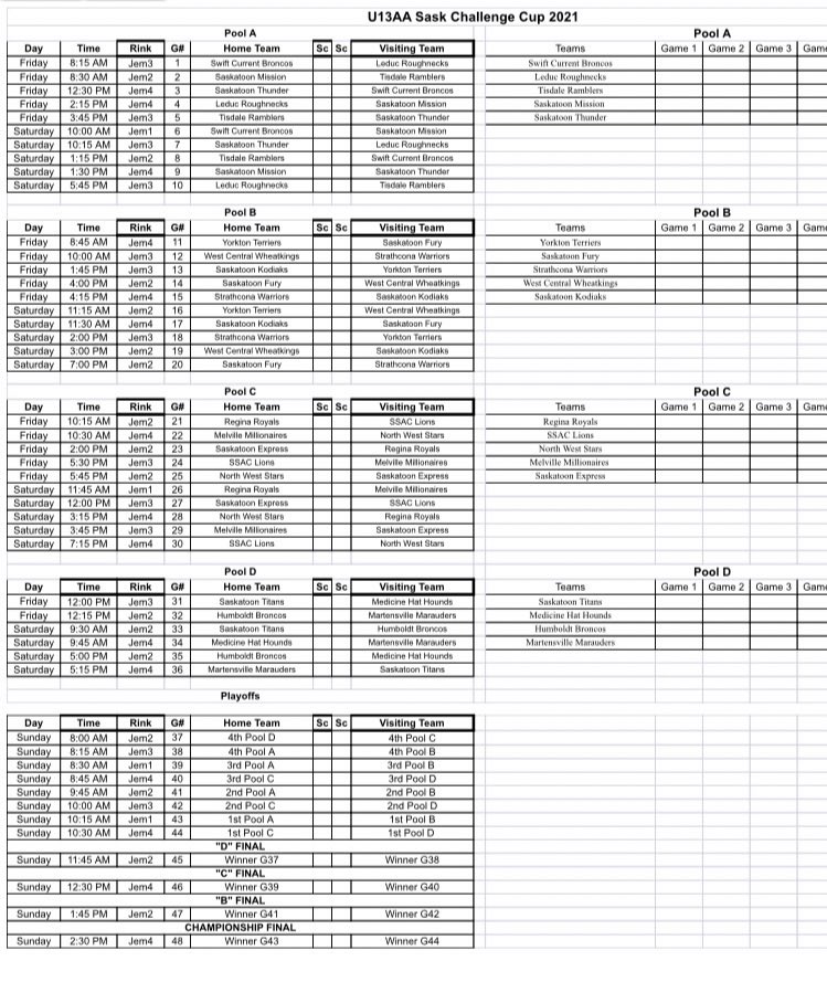 SaskChallengeCup on Twitter "U13 Sask Challenge Cup Schedule 🏒 https