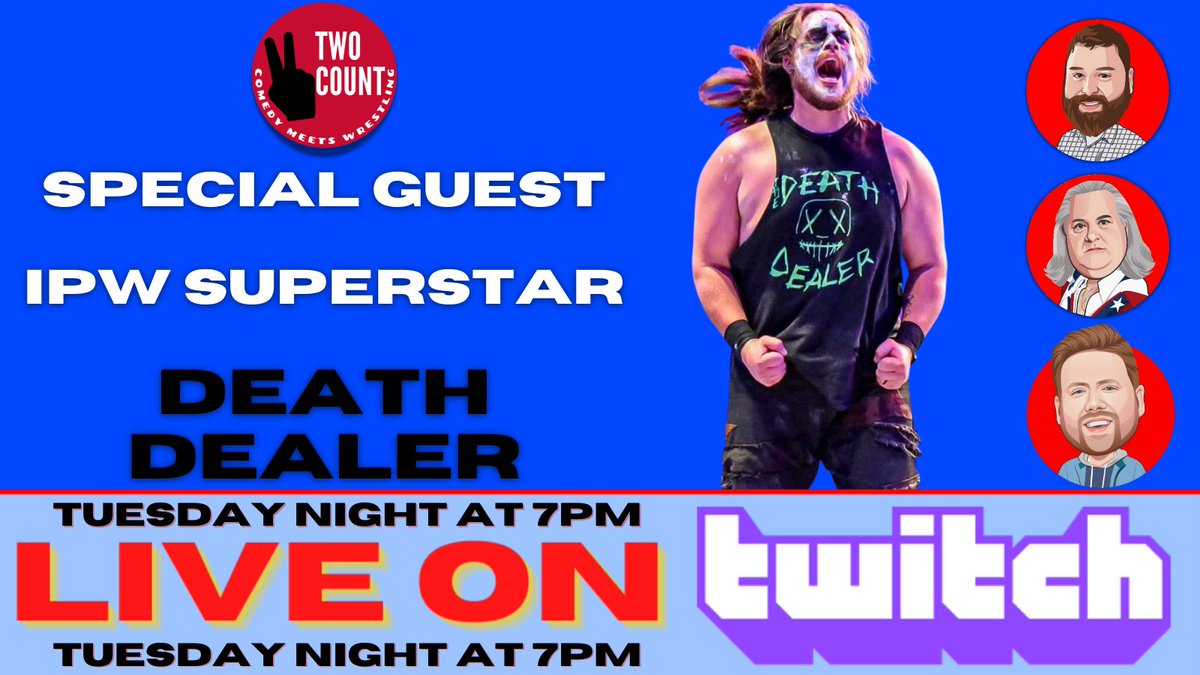 2countshow's tweet image. Tuesday the 14th we're joined by @IPWpro superstar "The Death Dealer!  @TomChillstrom @BigAce4Life @JRComedy @RayFeuring twitch.tv/twocountwrestl…