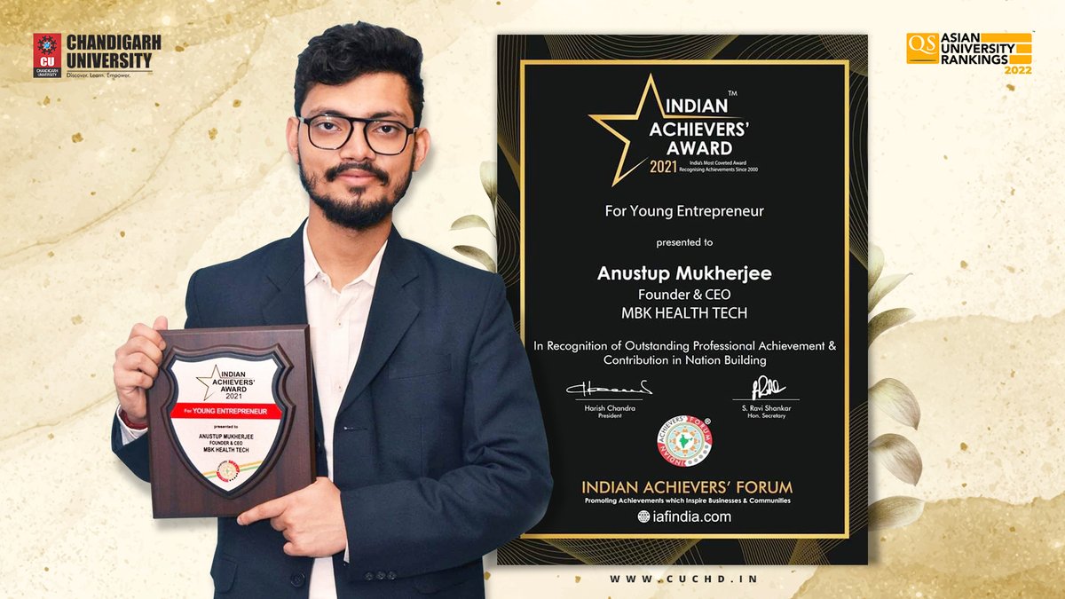 Chandigarh_uni's tweet photo. CU moves forward with the success of its students, who have always made the varsity proud at many different levels. Carrying his series of achievements forward, #CS_student Anustup Mukherjee has won Indian Achievers' Award 2021 for Young #Entrepreneur. https://t.co/Xa6FQOPggt