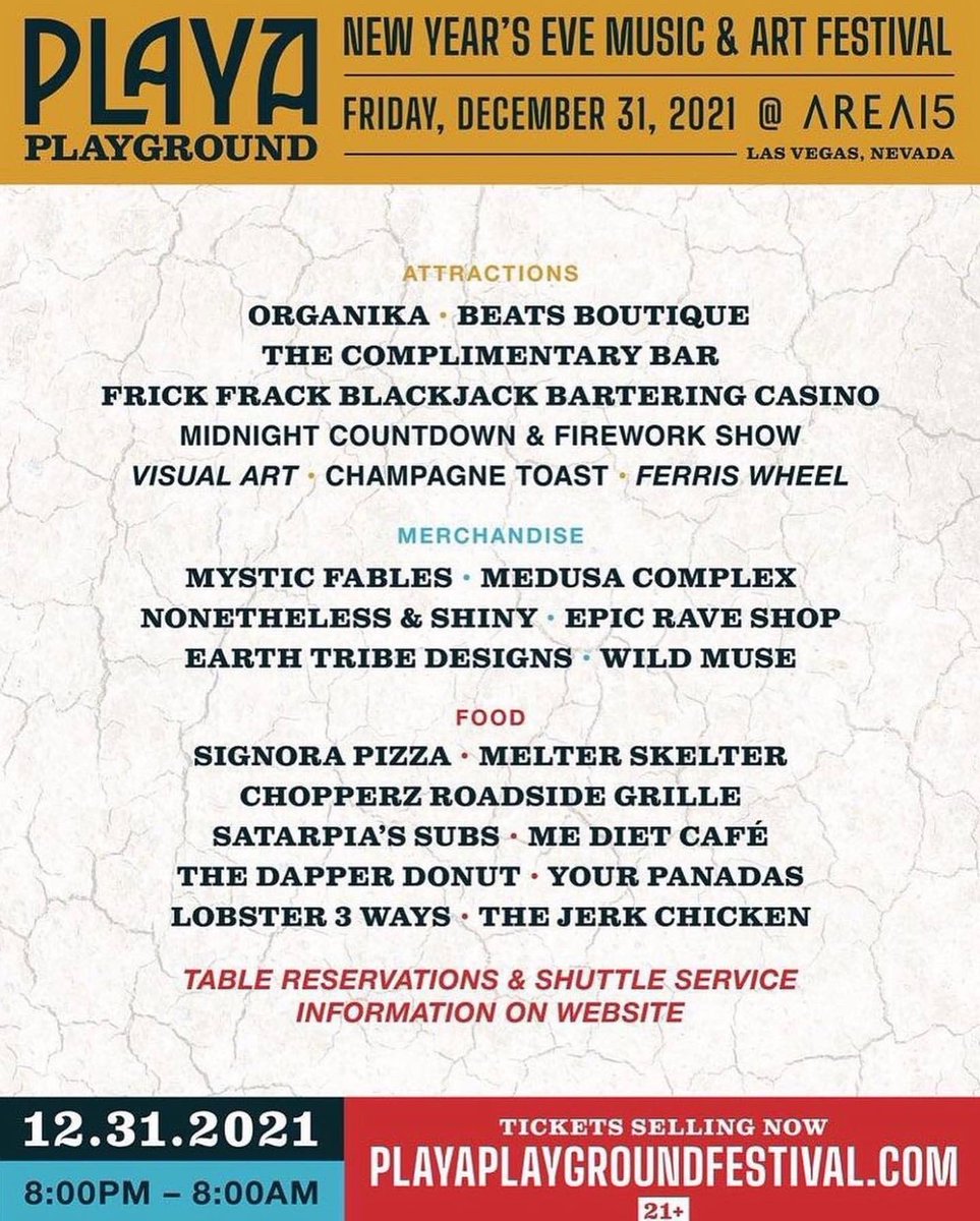 dancetronauts's tweet photo. NYE lineup is out! 🌟
@AREA15official @PlayaFestival
12 full hours of music + art + interactive fun! 🥳 🎆
Tickets on sale now! Use code DANCE
https://t.co/rjP85Exyl1
#lasvegas #burners #artcar #soundcamp #themecamp #newyearseve #newyearsparty #area15 #playaplayground https://t.co/yQcqVFFiz7