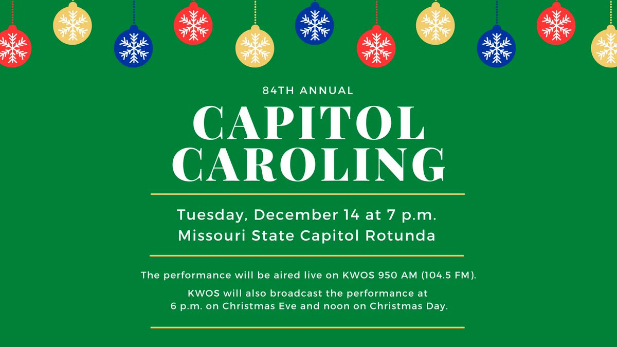 JCSchools_'s tweet photo. Join us for a time-honored tradition! JCHS Capitol Caroling starts at 7PM Tuesday, DEC 14 in the Capitol Rotunda. The performance will air live on KWOS Radio 950 AM (104.5 FM). KWOS will broadcast the performance at 6PM Christmas Eve &amp; 12PM Christmas Day #WeAreJCSchools #JayPride https://t.co/XS08yEfjGr