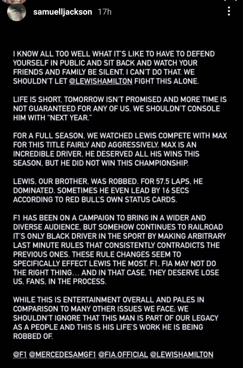 Samuel L. Jackson has something to say about the #F1TitleChampionship and how #f1 treated Lewis Hamilton , etc.