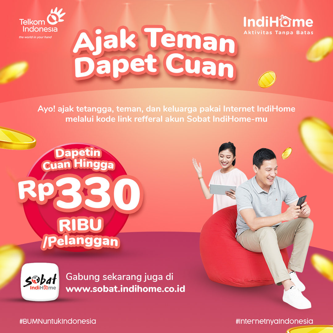 indihomejkt's tweet photo. Hai Sobat!
Udah pada tau belum 4 Kata Ajaib anak Sobat IndiHome?

Betul banget!
AJAK TEMAN DAPAT CUAN!

Cukup ajak teman sebanyak-banyaknya untuk pakai IndiHome dan dapetin ratusan ribu setiap bulannya ✨

#SobatIndiHome
#AktivitasTanpaBatas https://t.co/QGJFLUcuTw