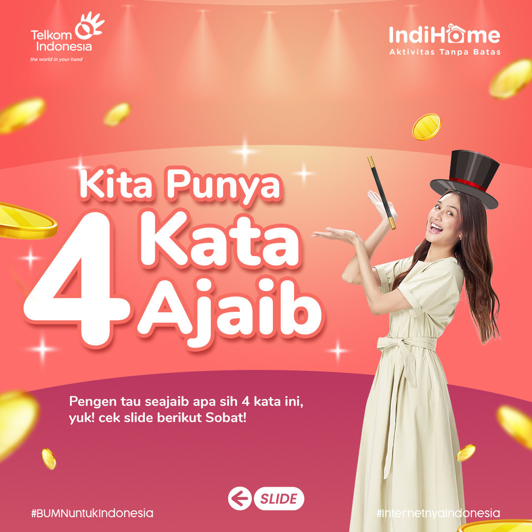 indihomejkt's tweet photo. Hai Sobat!
Udah pada tau belum 4 Kata Ajaib anak Sobat IndiHome?

Betul banget!
AJAK TEMAN DAPAT CUAN!

Cukup ajak teman sebanyak-banyaknya untuk pakai IndiHome dan dapetin ratusan ribu setiap bulannya ✨

#SobatIndiHome
#AktivitasTanpaBatas https://t.co/QGJFLUcuTw