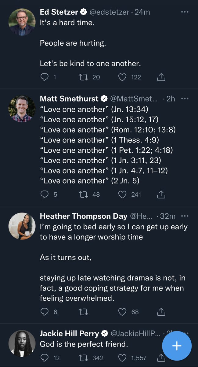 It’s ok to follow people who encourage.

Thanks for that, ⁦<a href="/edstetzer/">Ed Stetzer</a>⁩, ⁦<a href="/MattSmethurst/">Matt Smethurst</a>⁩, ⁦@HeatherTDay⁩, and ⁦<a href="/JackieHillPerry/">jackiehillperry</a>⁩.