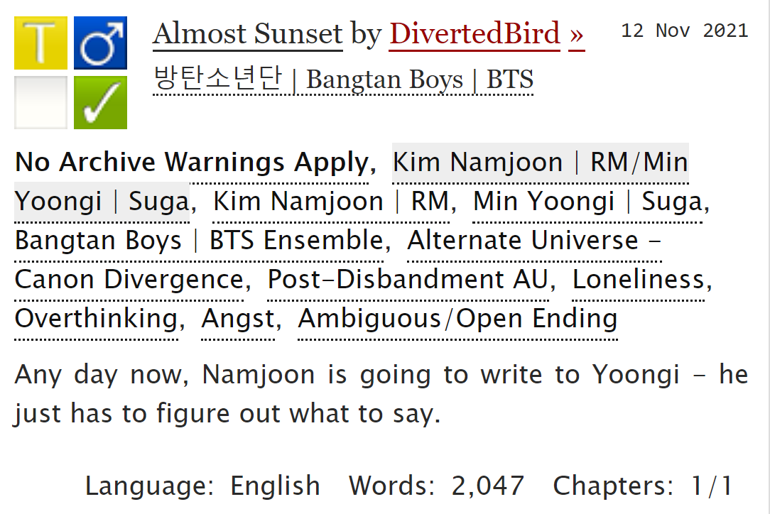 fanbirdthoughts's tweet photo. Almost Sunset
- Namjoon/Yoongi, T, 2K
- Post-disbandment AU
- Lots of Namjoon overthinking, some angst - please check the tags

https://t.co/BxTFcJknul https://t.co/Xl9hMQqbfO