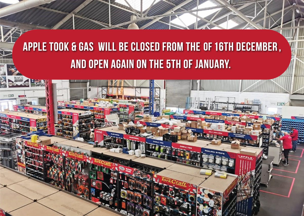 AppleGas's tweet image. A friendly reminder that Apple Tool &amp;amp; Gas will be closed over the holidays, from the 16th  of December, and open again on the 5th of January.
Carve out some time to stock your toolbox or get ready for your DIY Christmas gifts before we close.