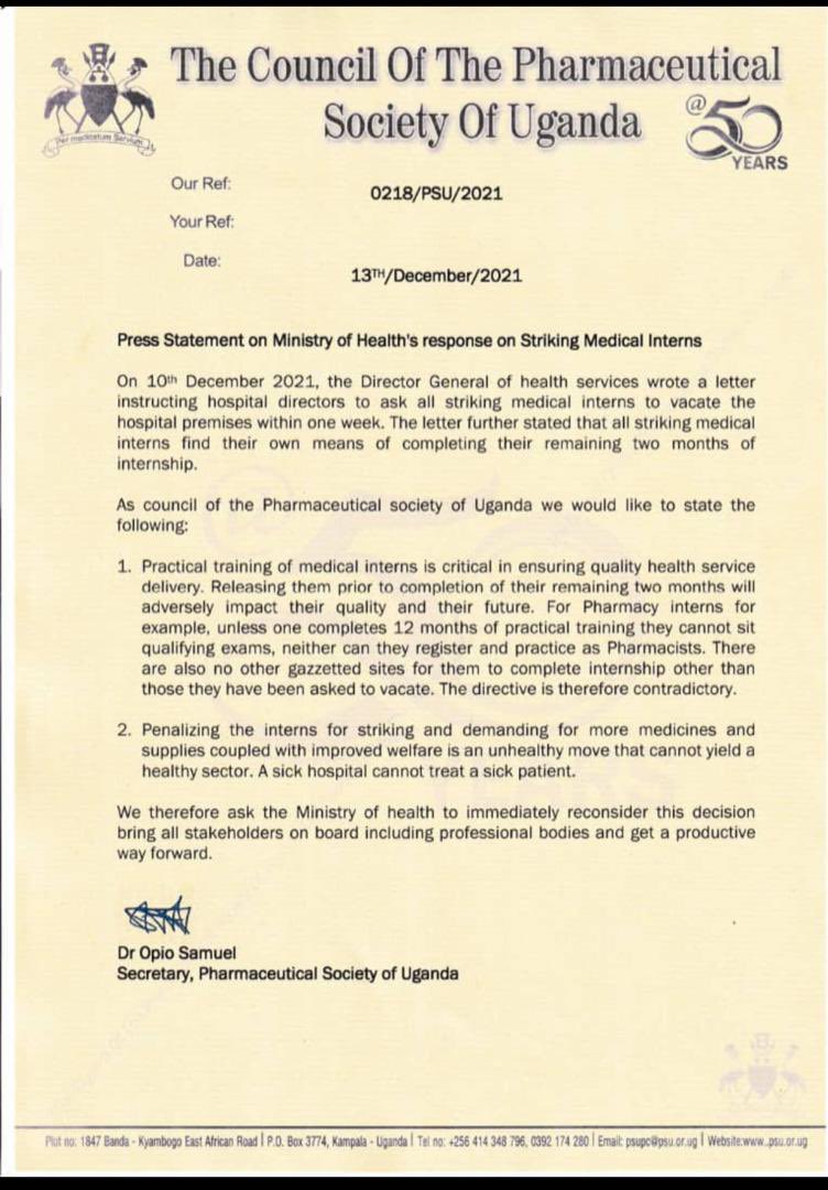 Thank you <a href="/PharmacistsUg/">Pharmaceutical Society of Uganda</a> for standing with us to stop the <a href="/MinofHealthUG/">Ministry of Health- Uganda</a> and <a href="/henrymwebesa/">Dr. Henry. G. Mwebesa</a> impunity of impulse decisions, his letter must be recalled.
#UGdrsIA2021