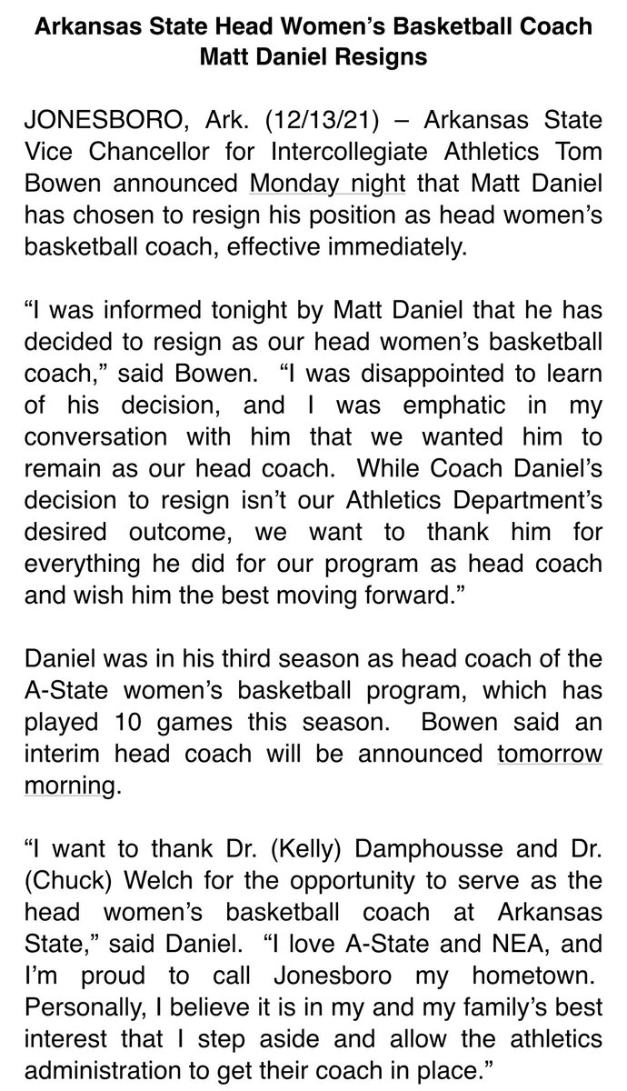 Kara_Richey's tweet photo. BREAKING: Arkansas State women’s basketball coach Matt Daniel has resigned. 

No interim coach named at this time. https://t.co/0wjcinc0cr