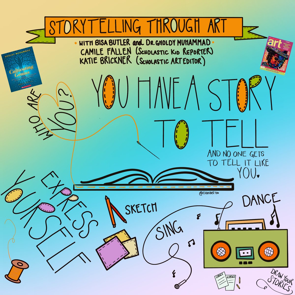 claribel716's tweet photo. " If you cannot say it, write it. If you cannot write it, draw it. Create it. Design it. Sew it. Just create the space." 🧡🎨💚⁦@GholdyM⁩ ⁦@BisaButler⁩ ⁦@Scholastic⁩ #ScholasticArt #CultivatingGenius #Sketchnote #Education #Storytelling https://t.co/abRiFekozT