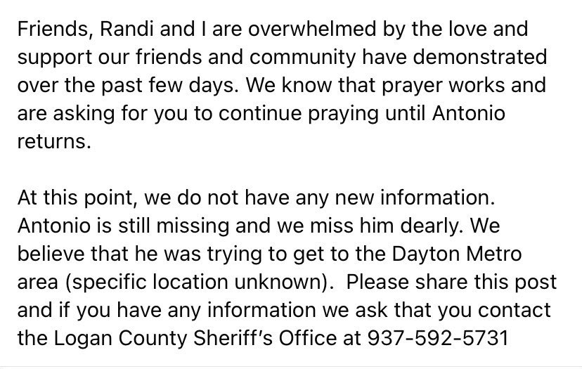 KendallRaeOnYT's tweet photo. Missing 14 year old! Antonio Fahle from Ohio. If you have any information please call (937) 592-5731 https://t.co/J2Vh0jY8lO