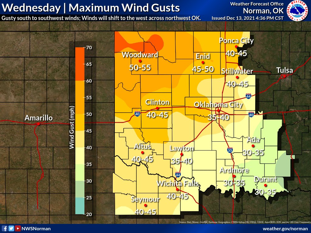 NWSNorman's tweet photo. We continue to monitor the potentially damaging winds and fire weather conditions that are possible Wednesday, in particular in parts of northwestern Oklahoma.
Near record high temperatures, low humidity, and gusty winds are expected Wednesday.
#okwx #texomawx https://t.co/gPfsmGe2ax