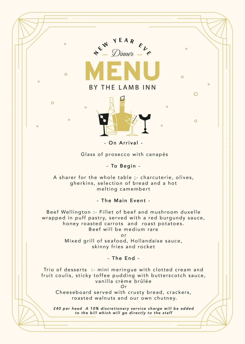 LambInnRusper's tweet photo. Celebrate NYE with us! Here is our special menu for the evening - featuring our classic beef welllington. 🎉

Give our team a call today on 01293 871336 to book. https://t.co/yhbURuKJn9