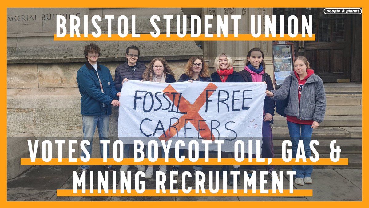 🎉 VICTORY: Bristol SU votes through Fossil Free Careers &amp; becomes 1st in the UK to boycott oil, gas &amp; mining recruitment ✊

Add your voice to student demands for Fossil Free Careers at Bristol ✍️ bit.ly/3IL0yo3

Keep us winning 👉 peopleandplanet.org/donate