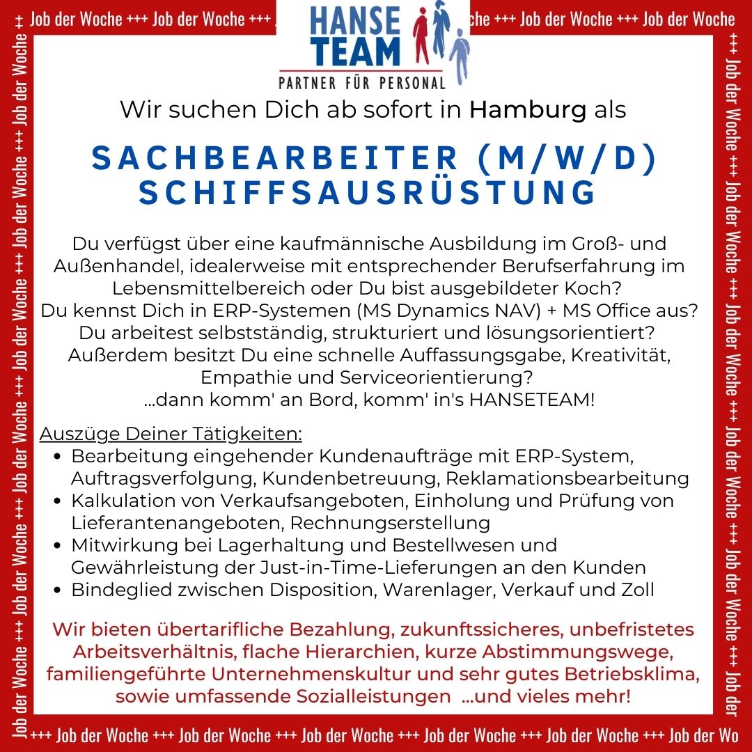 Job der Woche - diesmal Hamburg:
Bei Fragen meldet euch gern bei Christine Muhs unter (040) 36 98 76 – 22 oder muhs@hanseteam.de.
Wir freuen uns auf Eure Bewerbungen!
#LiebezumBeruf #lovemyjob #passion #JobderWoche #december #teamwork  #zeitarbeithilft #jobsuche #jobangebot #work