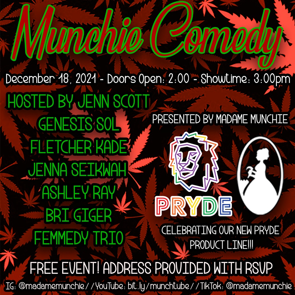 madamemunchie's tweet photo. Join us virtually on YouTube, for a live stream comedy and music performance on Saturday, December 18th, 2021 - 3:00pm Pacific time - MUNCHIE COMEDY! https://t.co/736FgSmsCA