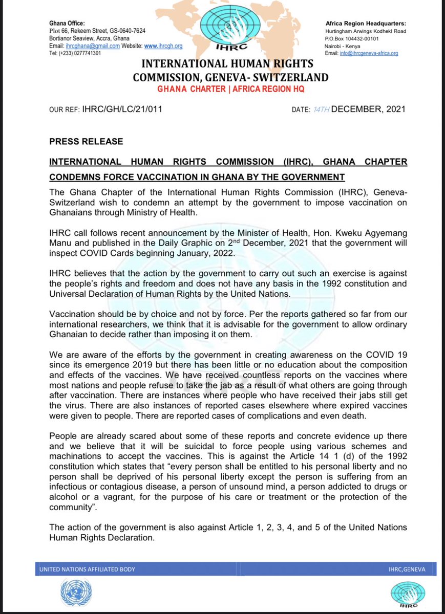 AnnanPerry's tweet photo. The Ghana Chapter of the International Human Rights Commission (IHRC), Geneva- Switzerland wish to condemn an attempt by the government to impose vaccination on Ghanaians through Ministry of Health. Sammy Gyamfi shall win https://t.co/0aZxmiC9Gd