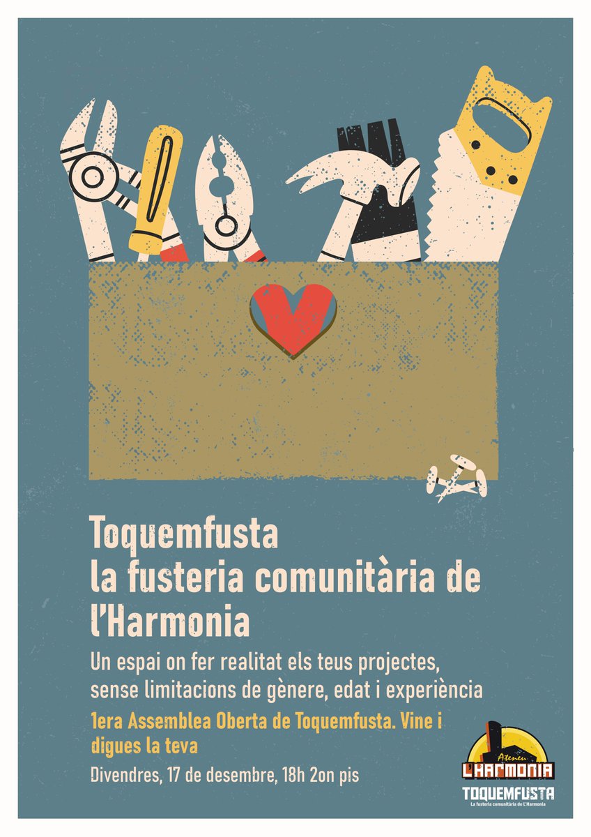 Coneixes el projecte de ToquemFusta? Sabies que a L'Harmonia hi podràs trobar una fusteria comunitària? 

📆 Vine el proper divendres 17 de desembre a les 18h a la primera assemblea oberta i ajuda'ns a construir el projecte entre totes. La teva veu és important! ✊