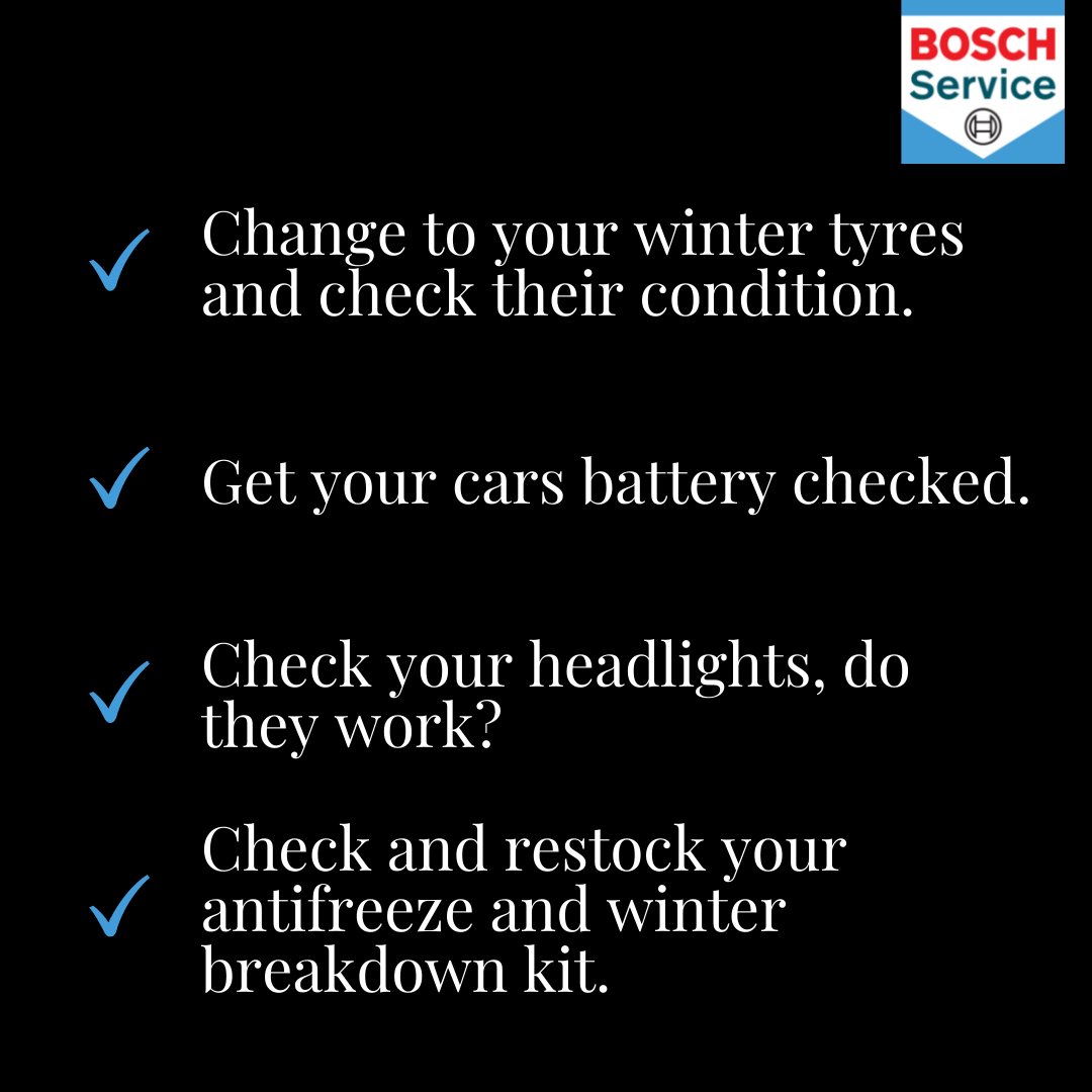 Did you know that by not using winter tyres during the cold weather it can increase the brake length by 8 metres when travelling at 50mph. With winter fast approaching, make sure you complete your winter checks!❄️✅

#winterchecklist #wintercarsafety #boschautoservice
