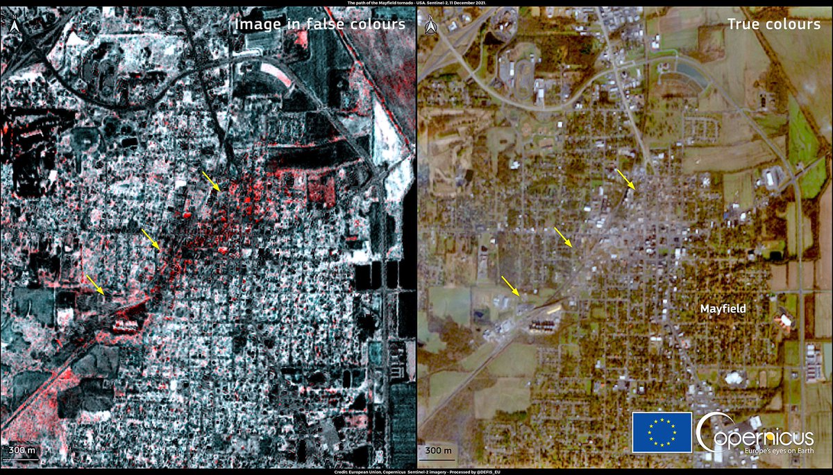  Le passage de la #tornade sur #Mayfield parfaitement visible par le satellite Sentinel-2 de l'agence spatiale européenne. 
Credit: European Union, Copernicus Sentinel-2 imagery #tornado #KentuckyStrong 