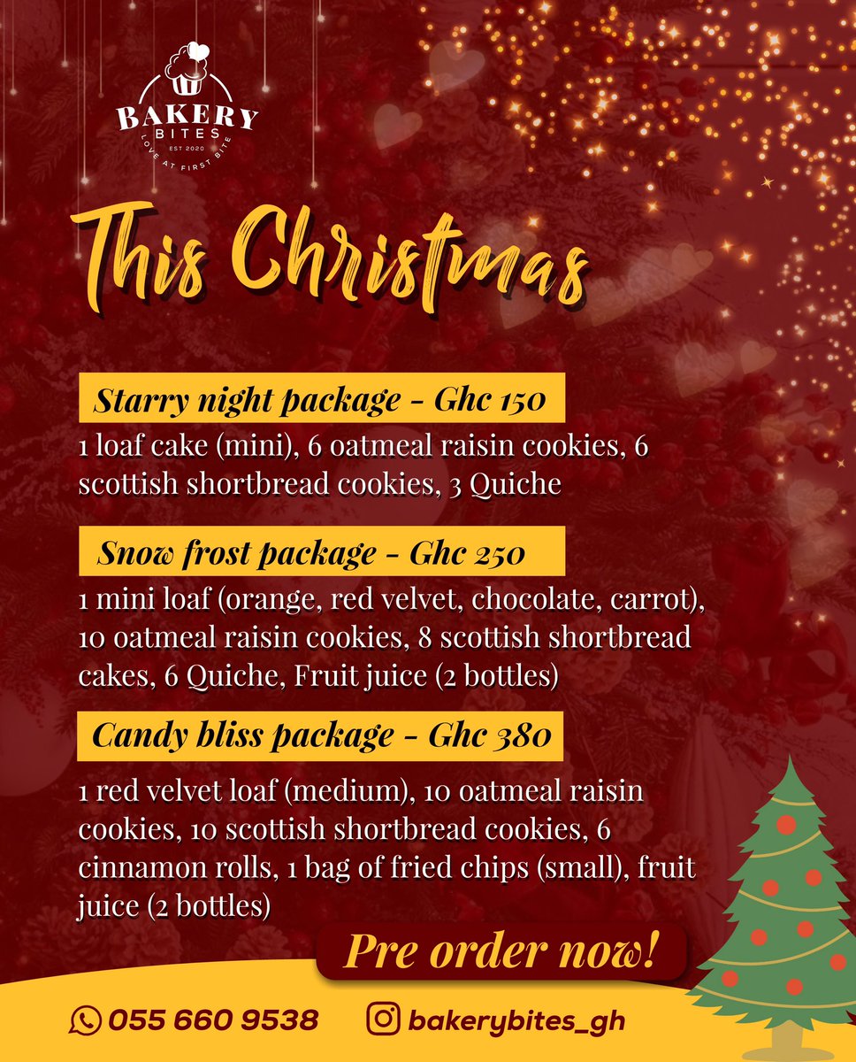 bakerybites_gh's tweet photo. This Christmas without food? It’s not possible. Preorder any of our packages from now till 20th Dec and get it delivered right before Christmas.
Please Rt🙏🏽 https://t.co/tfRplPvIqj
