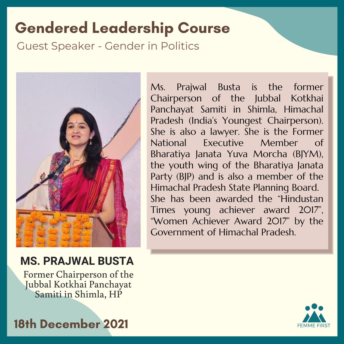 FemmeFirstF's tweet photo. We are thrilled to have Ms. @PrajwalBusta as the Guest Speaker for the #GenderedLeadershipCourse session on “Gender In Politics”, this weekend. https://t.co/zDqeviMyaU