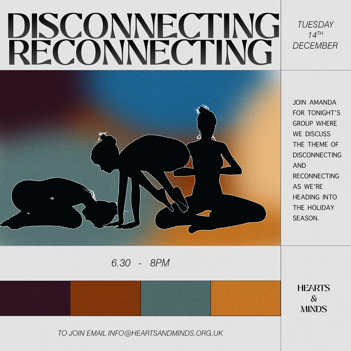 tonight, 6.30-8pm! join amanda for our group tonight where we discuss the theme of disconnecting and reconnecting, especially as we head into the holiday season. 💞♻️♾👥🌜🌛