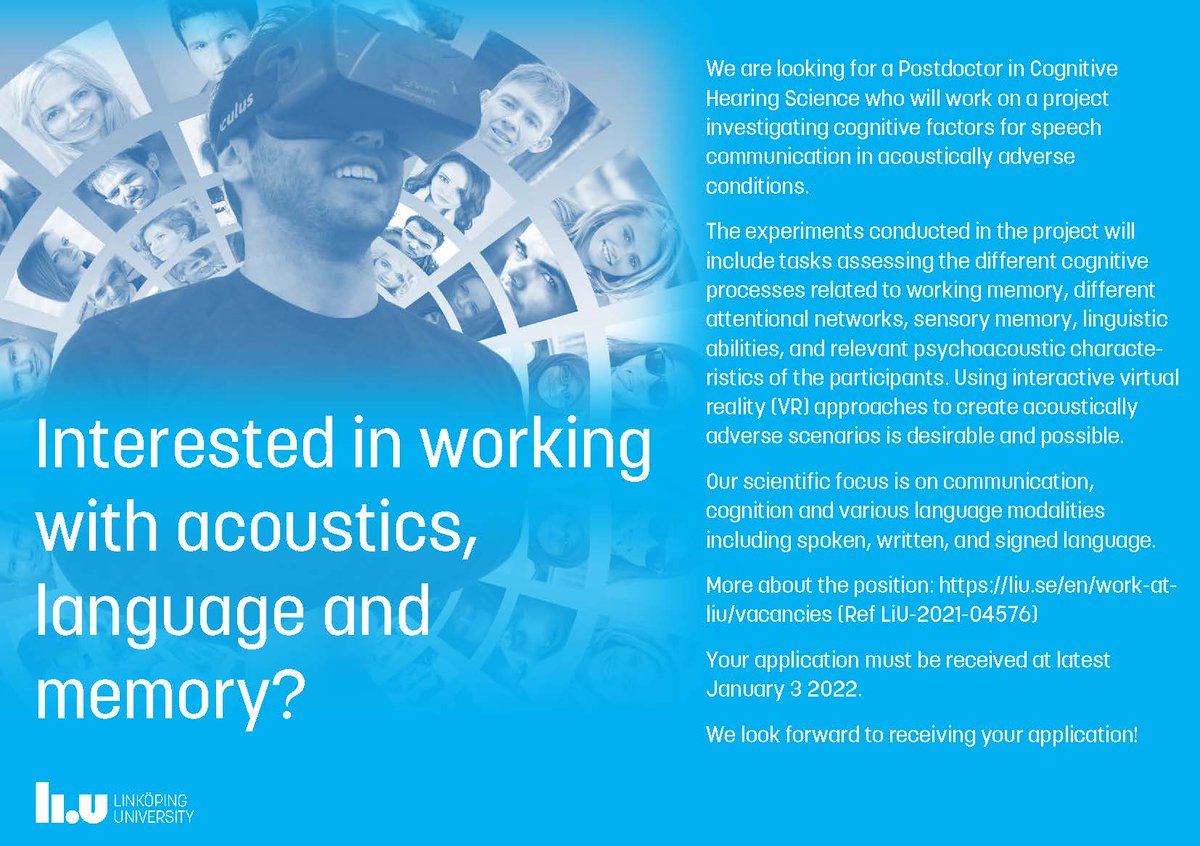 Interested in working with acoustics, language and memory? We are looking for a Postdoctor in Cognitive Hearing Science who will work on a project investigating cognitive factors for speech communication in acoustically adverse conditions. 
liu.se/en/work-at-liu…