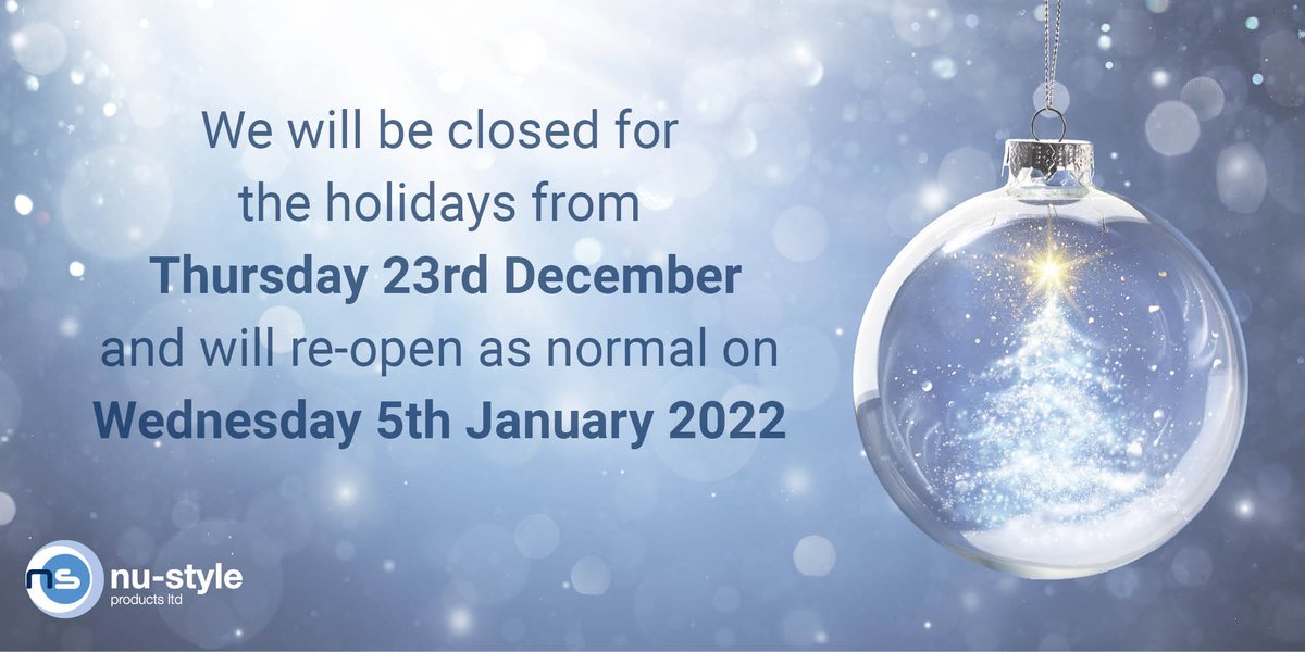 Our team will be taking a well-deserved break over the festive period and therefore be closed from the end of the day on Wednesday 22nd 2021 and reopen as normal on Wednesday 5th January 2022.

Wishing all our customers and suppliers a Merry Christmas and a Happy New Year!