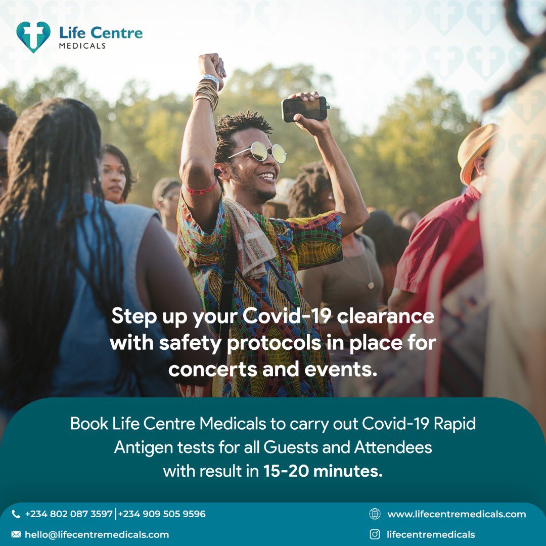 Party hard without fear of the Covid-19 virus at concerts and events this Detty December by getting #COVID19 Antigen Rapid tests at your venues with Life Centre Medicals.

Contact us at hello@lifecentremedicals.com or call 08020873597, 09095059596 for further inquiries. https://t.co/9n9f6EE28u