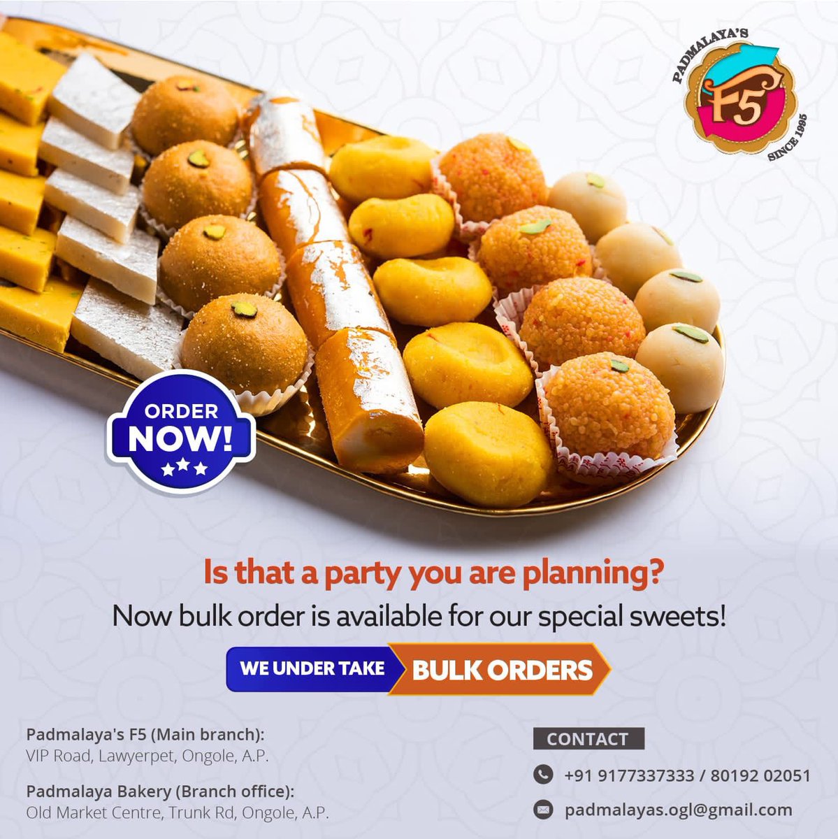 Delectable Sweets for your Celebration of Extraordinary Events Memorably, Have a Glorious Sweet Services from us! 

Contact us for Order: 9177337333
#lovelyladdus
#besrsweet#unbeatabletaste 
#100%quality
#padmlayas
#F5
#ongole