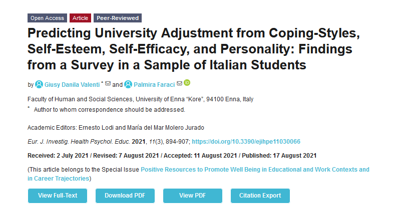 EJIHPE_MDPI's tweet photo. Welcome to read👉"Predicting #UniversityAdjustment from #CopingStyles, #SelfEsteem, #SelfEfficacy, and #Personality: Findings from a Survey in a Sample of #ItalianStudents" by Dr. Giusy Danila Valenti & Prof. Palmira Faraci: https://t.co/yVJfTRI7lw
#universitystudents #freshmen https://t.co/z49kDzRtIP